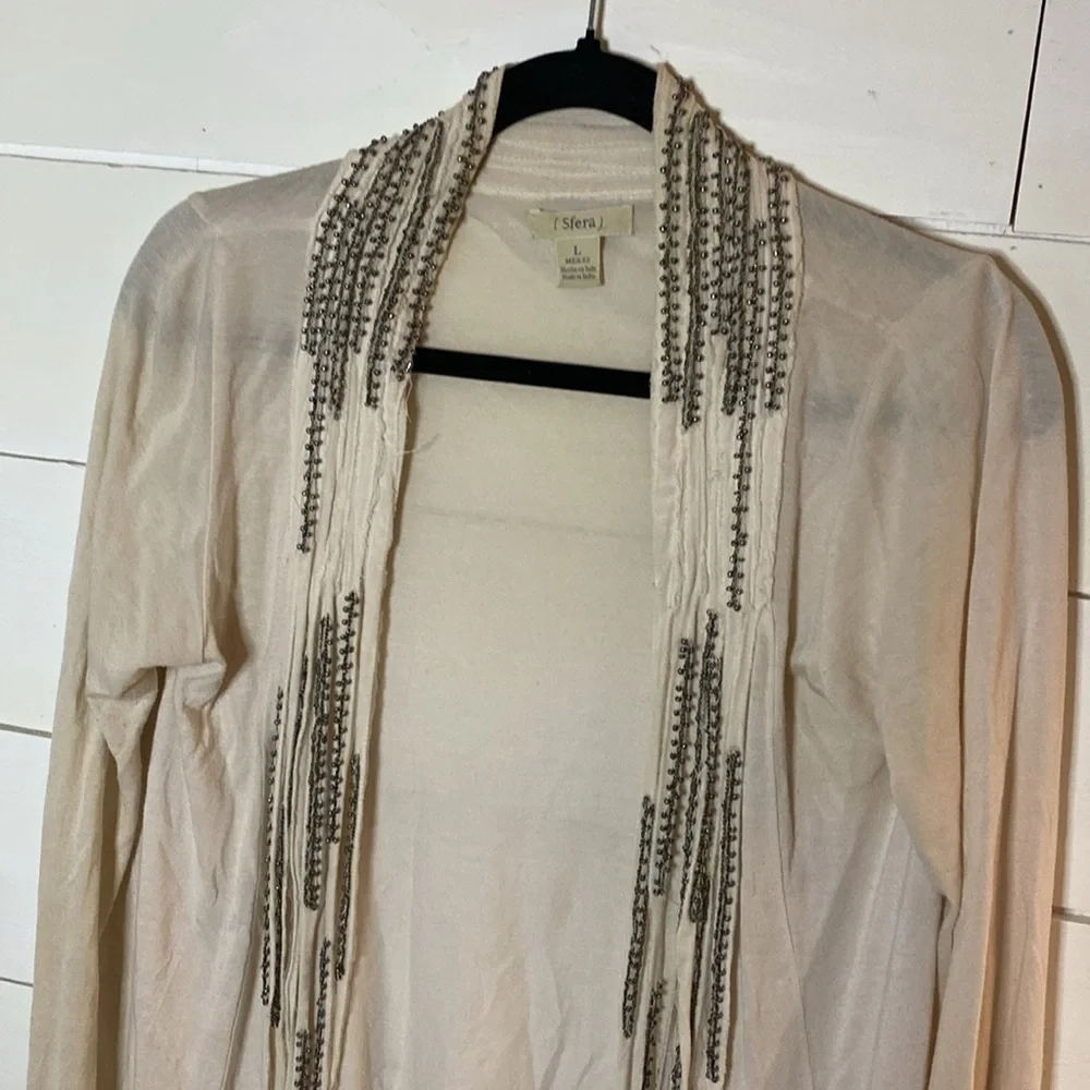 SFERRA Cream Cardigan Sweater Lightweight Knit. Beaded. Size L. Cute and fun!